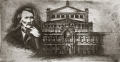 Radierung / Semperoper mit Gottfried Semper
